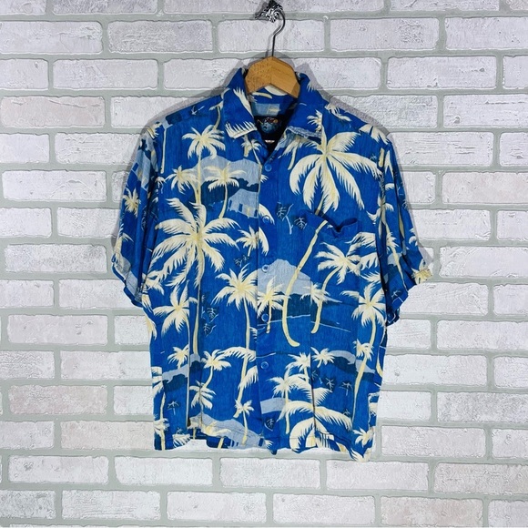 Vintage Jams World Men’s Edition Blue Palm Tree Print Short Sleeve Button Down M - Picture 1 of 6
